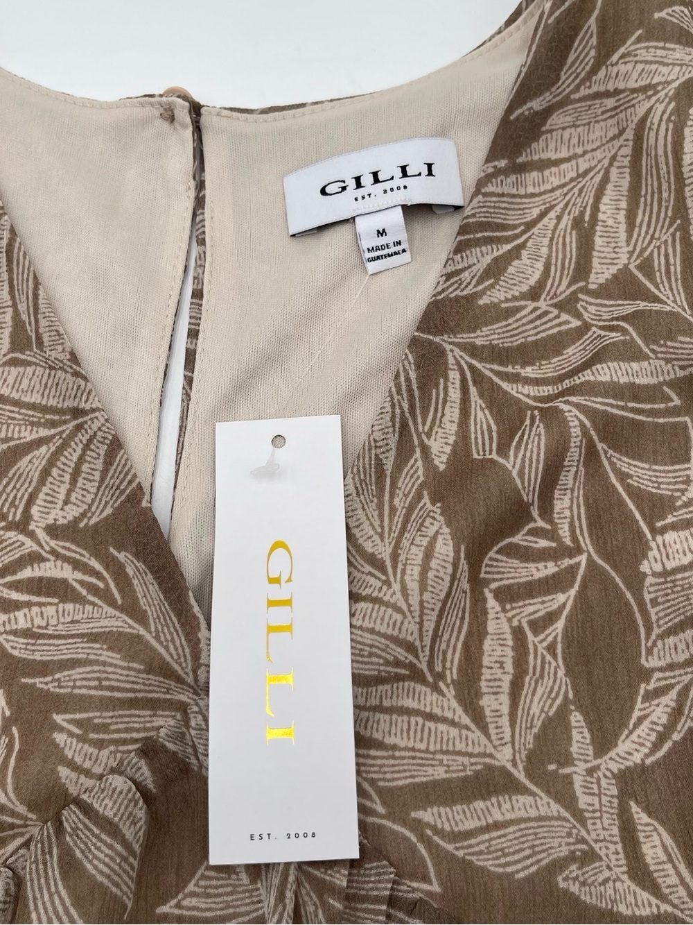 Gilli “Sheyla” Long Sleeve Mini Dress Mocha Leaf V-Neck Empire Waist Medium NWT - Picture 7 of 15